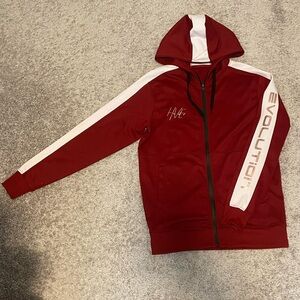 EUC “HUVO” EV Light Weight Burgundy & White Athleisure Jacket w\Hoodie, Size XL